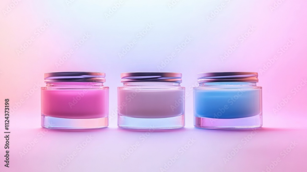 Three elegant jars of cream in pink, lavender, and blue arranged symmetrically on a soft pastel gradient background with a dreamy, glowing aesthetic Three elegant jars of cream in pink, lavender, and blue arranged symmetrically on a soft pastel gradient background with a dreamy, glowing aesthetic