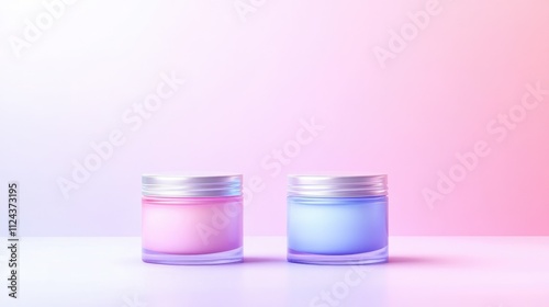 Three elegant jars of cream in pink, lavender, and blue arranged symmetrically on a soft pastel gradient background with a dreamy, glowing aesthetic