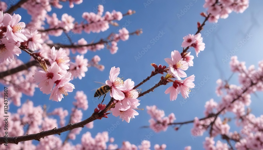 A bee hovering around a blooming cherry blossom, nature, spring A bee hovering around a blooming cherry blossom, nature, spring