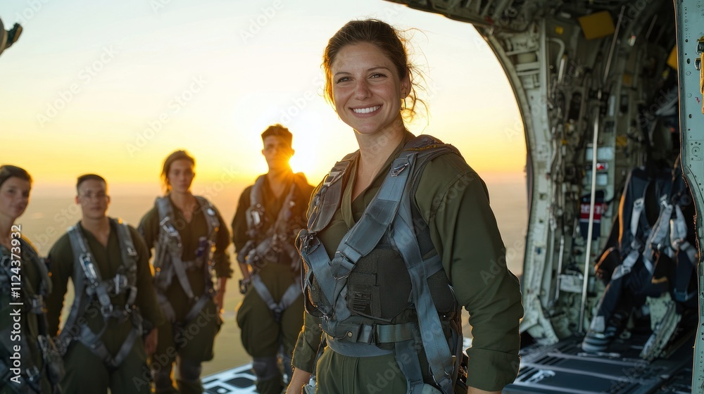 Fototapeta premium Aviation crew in helicopter basking in sunset light
