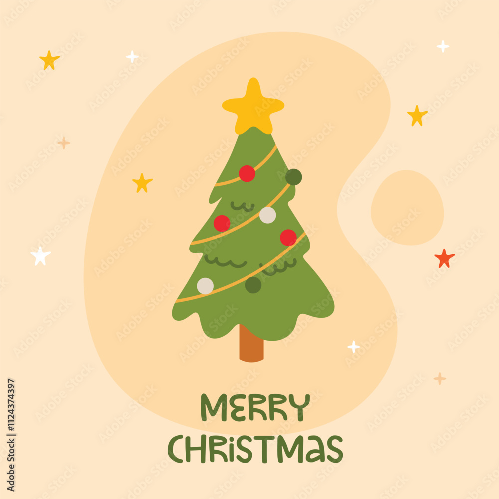 Merry Christmas simple card Christmas tree with garland Flat christmas tree illustration Merry Christmas simple card Christmas tree with garland Flat christmas tree illustration