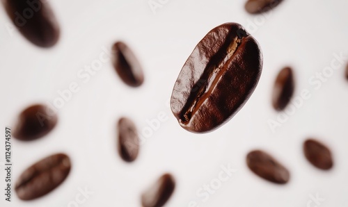 Flying Coffee Beans in Air Against White Background, Captivating Close-Up View of Coffee Beans for Advertising, Restaurant, or Beverage Themes photo