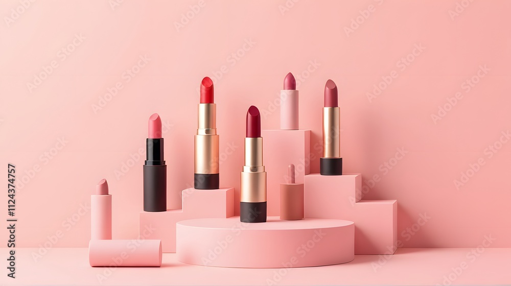 A collection of matte lipsticks arranged on a modern minimalist geometric pink display stand, beautiful for product launches, presentations, product advertisements. A collection of matte lipsticks arranged on a modern minimalist geometric pink display stand, beautiful for product launches, presentations, product advertisements.