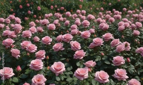 A field of Morden Blash roses with lush foliage, wildflower meadow, lush landscape