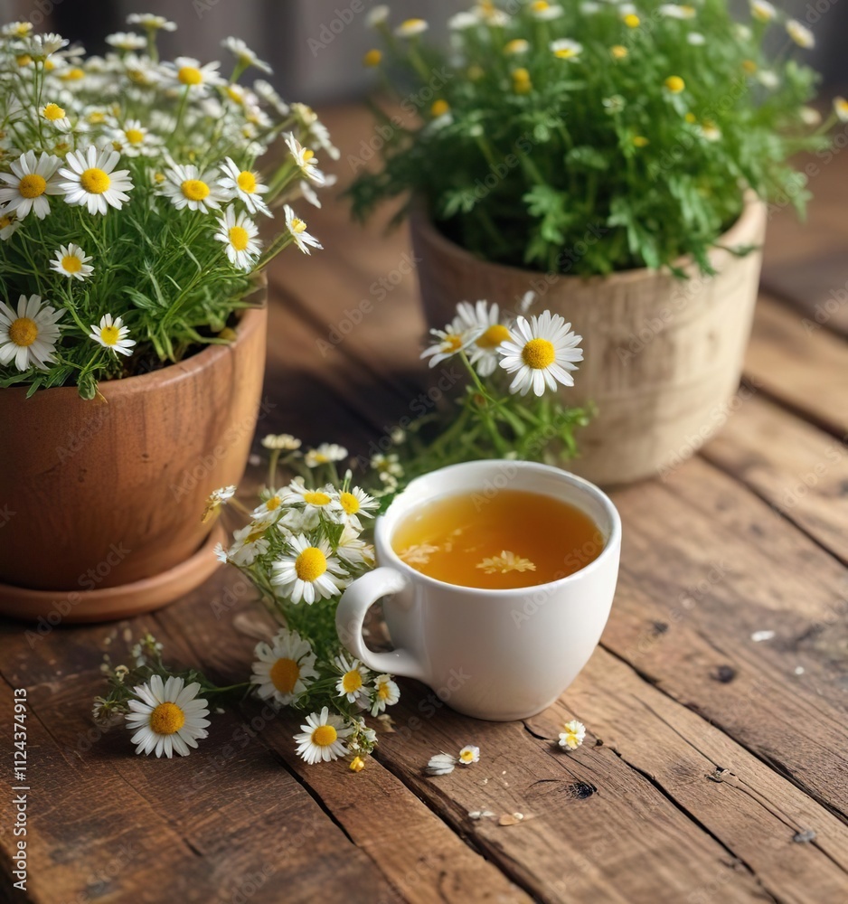 A fragrant cup of chamomile tea sits on a weathered wooden table beside a potted plant, outdoor, morning A fragrant cup of chamomile tea sits on a weathered wooden table beside a potted plant, outdoor, morning