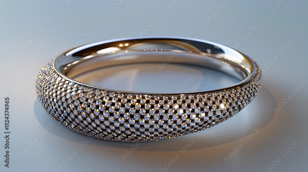 A diamond-encrusted bangle with a sleek design, isolated on a white surface. A diamond-encrusted bangle with a sleek design, isolated on a white surface.