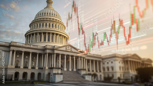 The Capitol Buildingâs classical architecture juxtaposed with futuristic financial data streams, colorful stock tickers, and percentages flowing dynamically across the scene.