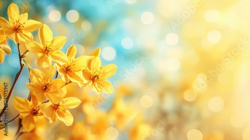 Vibrant yellow blossoms in focus, framed by a dreamy, blurred background with natural, warm tones and delicate bokeh