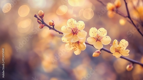 Vibrant yellow blossoms in focus, framed by a dreamy, blurred background with natural, warm tones and delicate bokeh