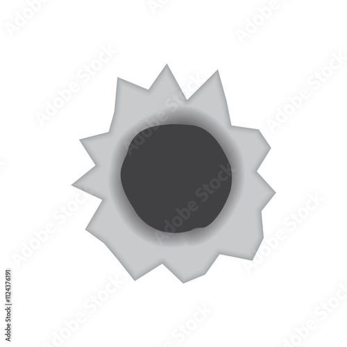 A bullet hole. The hole from the shot. A hole in the metal from a gunshot. Vector illustration isolated on a white background