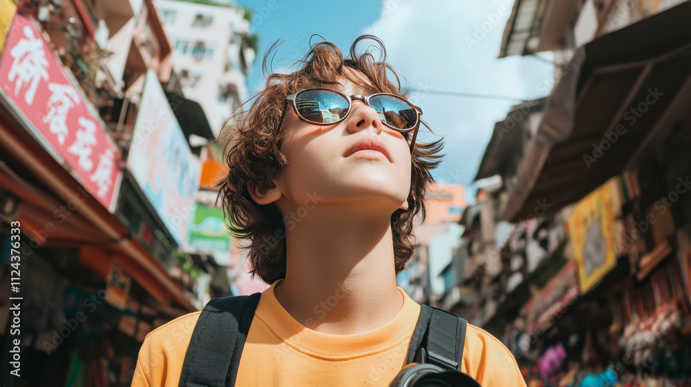 Young traveler exploring a vibrant street market Young traveler exploring a vibrant street market
