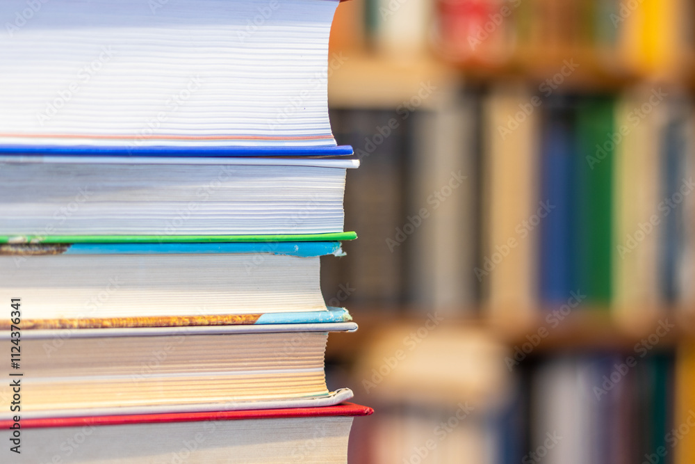 A stack of books on the table on the background of bookshelves A stack of books on the table on the background of bookshelves