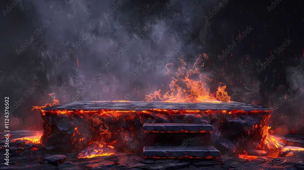 Fiery Inferno: A wooden platform engulfed in an intense blaze, with fiery embers erupting and smoke billowing, creating a dramatic and apocalyptic scene. The flames illuminate the scene. Fiery Inferno: A wooden platform engulfed in an intense blaze, with fiery embers erupting and smoke billowing, creating a dramatic and apocalyptic scene. The flames illuminate the scene.
