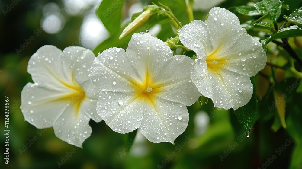 White flowers shimmering with raindrops, their yellow centers vivid, in a bright and lush garden environment White flowers shimmering with raindrops, their yellow centers vivid, in a bright and lush garden environment