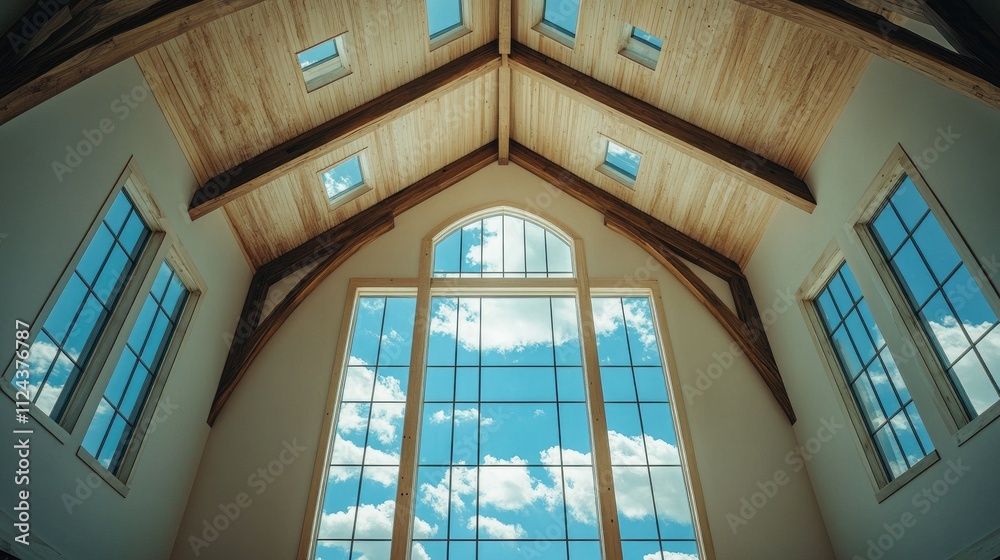 Fototapeta premium Wide-angle view of a spacious indoor area with high ceilings and windows framing a picturesque sky.