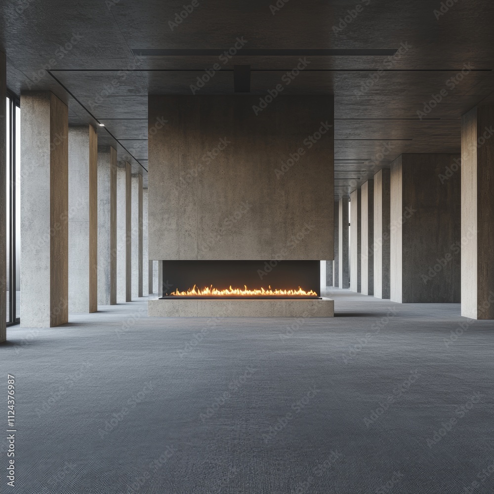Obraz premium Modern interior with a minimalist concrete fireplace.