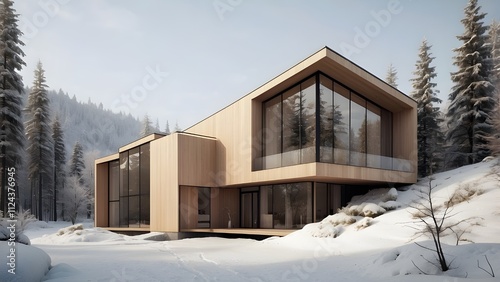 Scandinavian-style home in a snowy setting with huge windows, light wood façade, and minimalist architectureBy Darunee