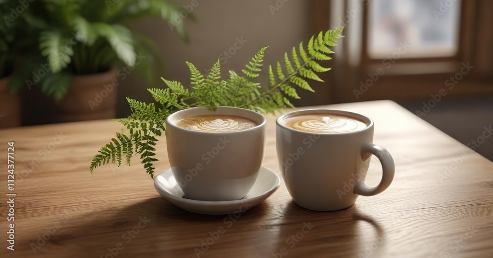 A small wooden table holds a delicate ceramic cup filled with a warm latte topped with a single, curly-leafed fern, latte, coffee, nature A small wooden table holds a delicate ceramic cup filled with a warm latte topped with a single, curly-leafed fern, latte, coffee, nature
