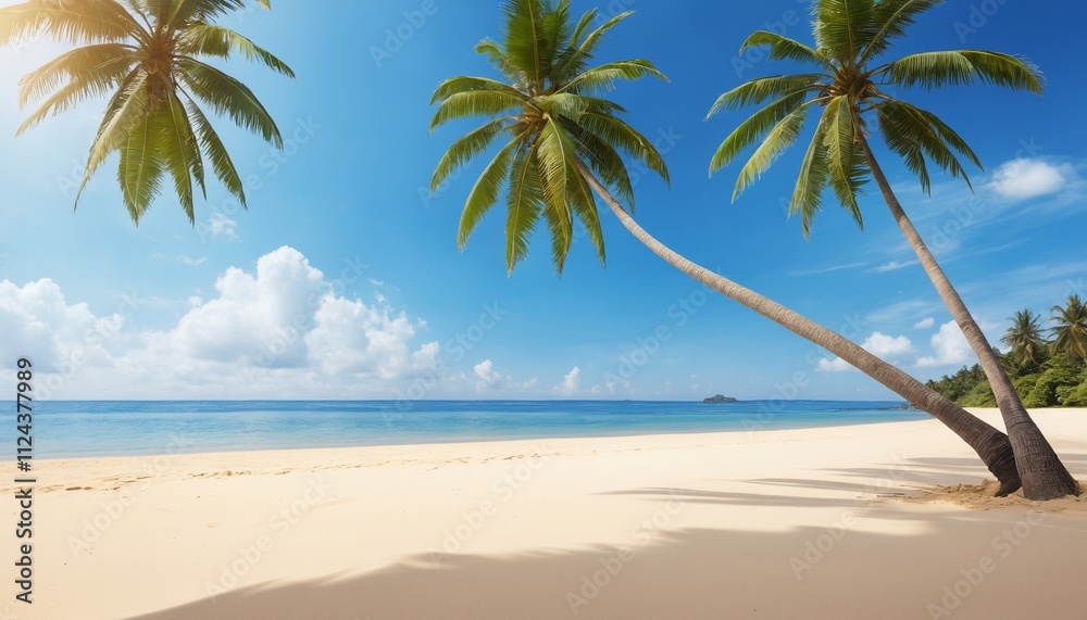 Beautiful beach with white sand, turquoise ocean, blue sky with clouds and palm tree on a Sunny day. perfect tropical landscape Beautiful beach with white sand, turquoise ocean, blue sky with clouds and palm tree on a Sunny day. perfect tropical landscape
