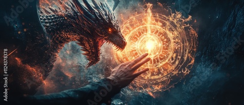 Dragon unleashes power over mystical sigil in dimly lit ancient chamber photo