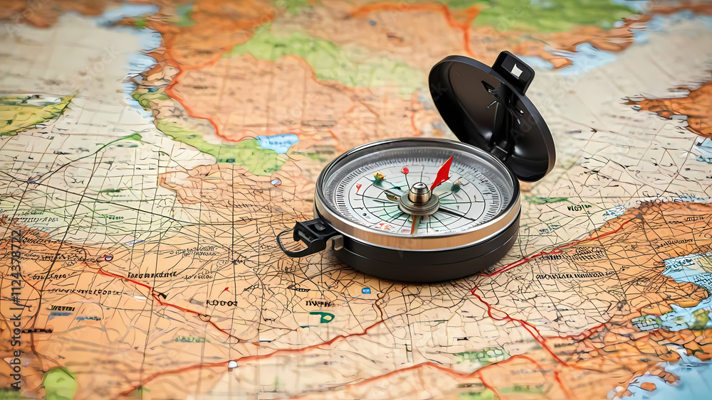 Compass on a Map: A classic compass rests on a detailed map, its needle pointing towards an unknown destination, symbolizing exploration, adventure, and the thrill of discovery. 