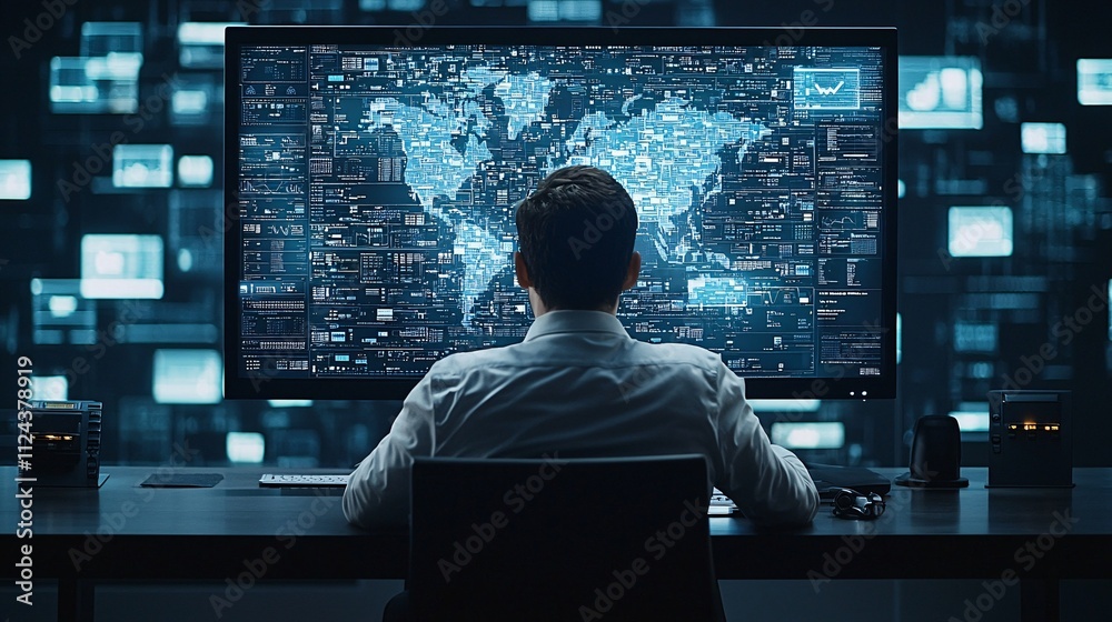 A digital security expert analyzing data on a large monitor, focusing on ethical hacking practices. The image is designed with significant copy space for additional content. A digital security expert analyzing data on a large monitor, focusing on ethical hacking practices. The image is designed with significant copy space for additional content.