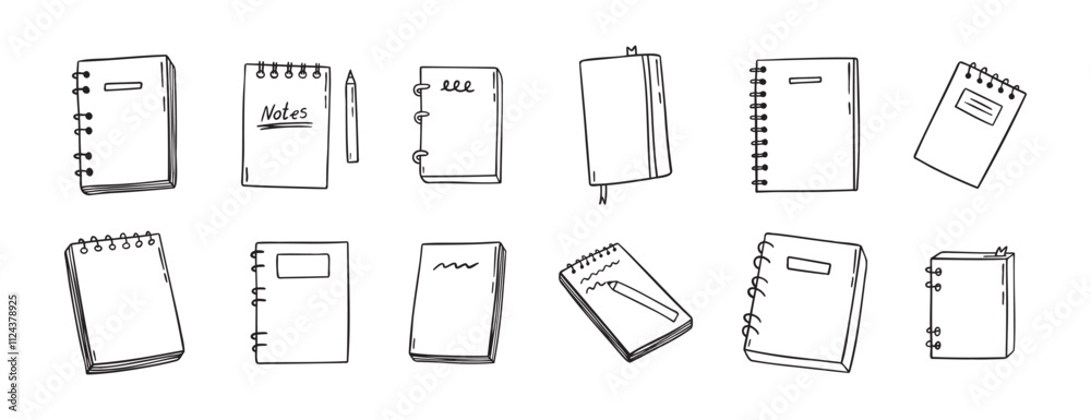 notebook doodle hand drawn icon set. Outline drawing notebooks line clipart symbol. Isolated doodle exercise book