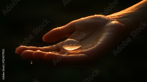 Hand catching a tiny raindrop soft light photo