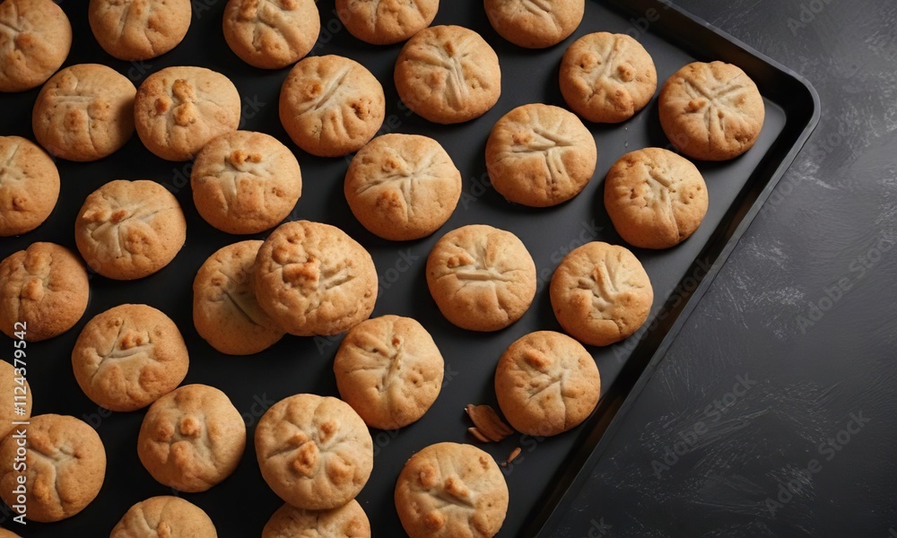 Baked Amaretti cookies arranged in a pattern on a black tray, crunchy texture, almond flavor, baked in batches Baked Amaretti cookies arranged in a pattern on a black tray, crunchy texture, almond flavor, baked in batches