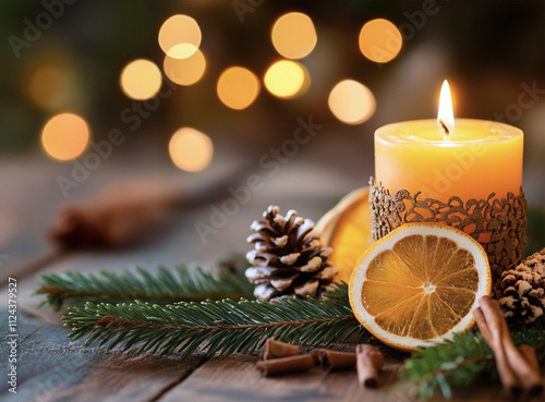 christmas still life with candle and decorations