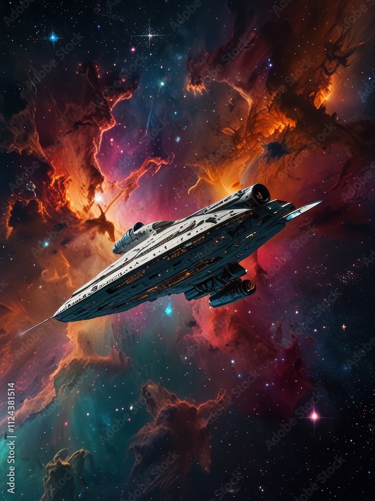Starship Soaring Through Cosmic Nebula: A sleek, futuristic spaceship glides through a mesmerizing nebula. Starship Soaring Through Cosmic Nebula: A sleek, futuristic spaceship glides through a mesmerizing nebula.