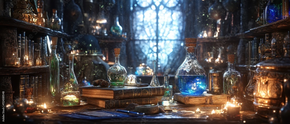Obraz premium Magical library filled with ancient books and glowing crystals in a mystical setting during twilight