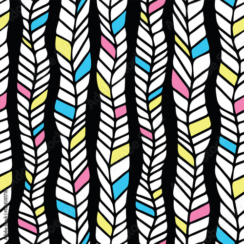 Abstract seamless pattern with braids or trace from car tires. Stripes in printing colors CMYK. Endless repeating bright lines isolated on black background	