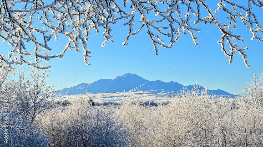 Winter Landscape with Frosty Trees and Majestic Mountain View Winter Landscape with Frosty Trees and Majestic Mountain View