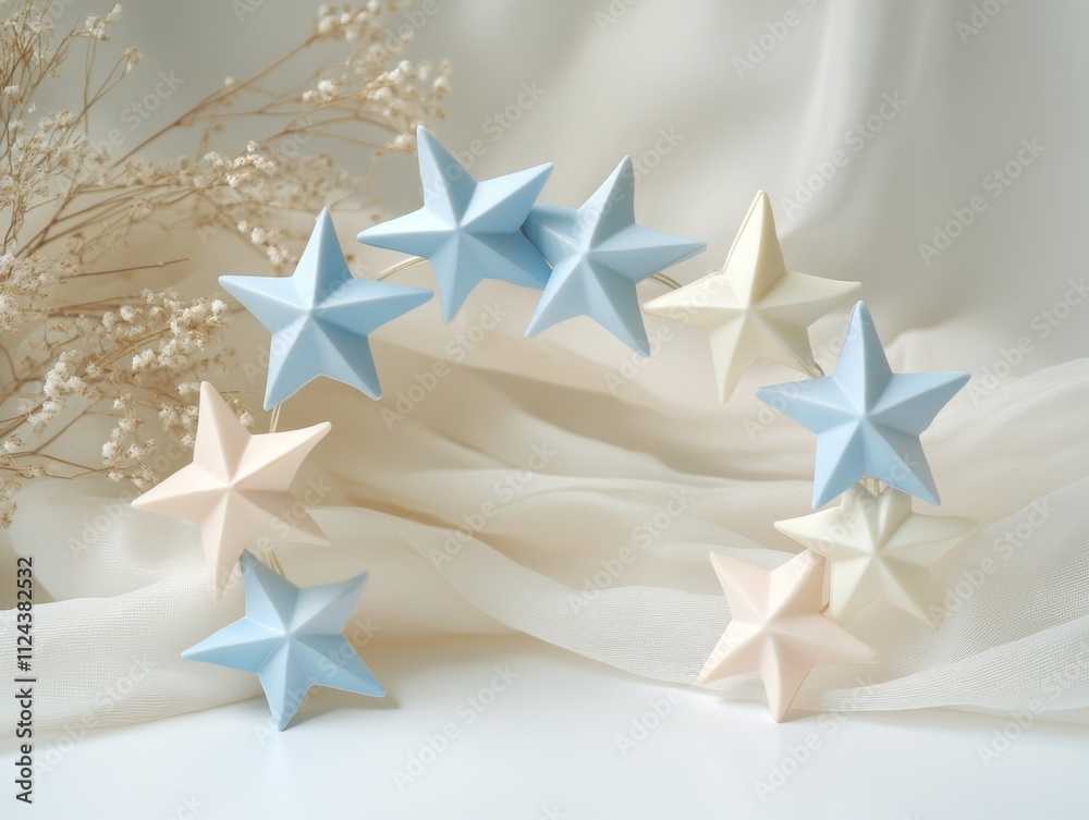 Colorful paper stars on soft fabric backdrop. Colorful paper stars on soft fabric backdrop.