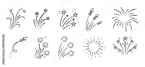 Fireworks and stars doodle Hand drawn set. Doodle Firework sketch. Linear vector explosions collection