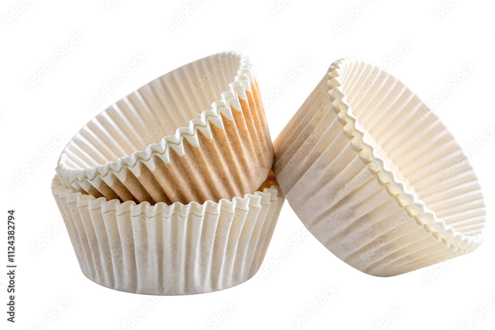 A neat stack of fluted cupcake liners, alternating between white and brown, leaning slightly to the side for a playful composition, isolated on a transparent background A neat stack of fluted cupcake liners, alternating between white and brown, leaning slightly to the side for a playful composition, isolated on a transparent background