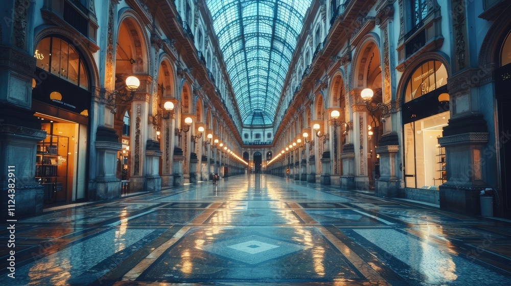 Empty, elegant shopping arcade with high glass ceiling, marble floor, and arched walkways. Empty, elegant shopping arcade with high glass ceiling, marble floor, and arched walkways.