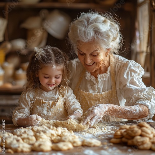 Elderly Grandmother and Young Granddaughter Baking Cookies Together with Joyful Expressions