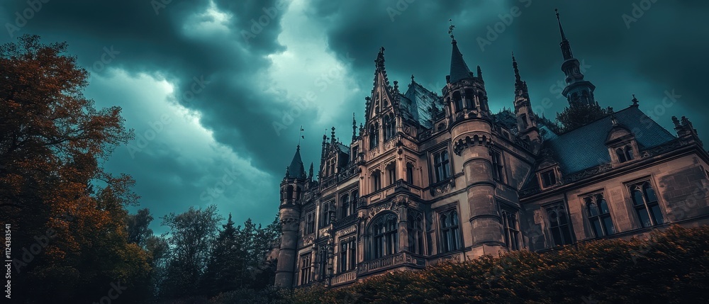 Obraz premium Mysterious castle under dark stormy sky with towering spires near dense forest in twilight