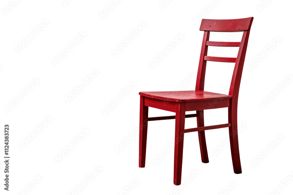A sturdy red wooden chair with a slatted backrest, smooth rectangular seat, and slightly angled legs, isolated on a transparent background A sturdy red wooden chair with a slatted backrest, smooth rectangular seat, and slightly angled legs, isolated on a transparent background