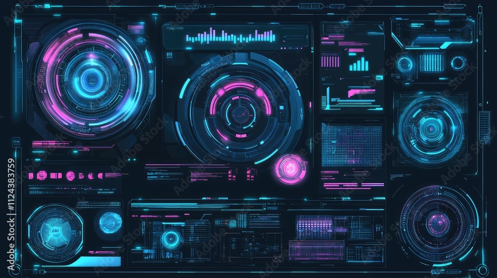 Futuristic Digital User Interface with Neon Circular Elements and Graphs Futuristic Digital User Interface with Neon Circular Elements and Graphs