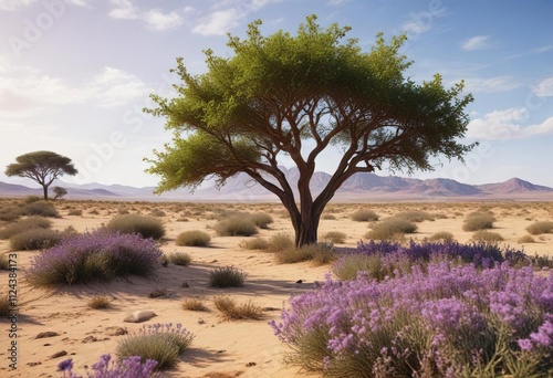 Dry savanna landscape with small tree (Arbusto) and purple flowers of Baccharis consamguinea , savanna, wildflowers photo