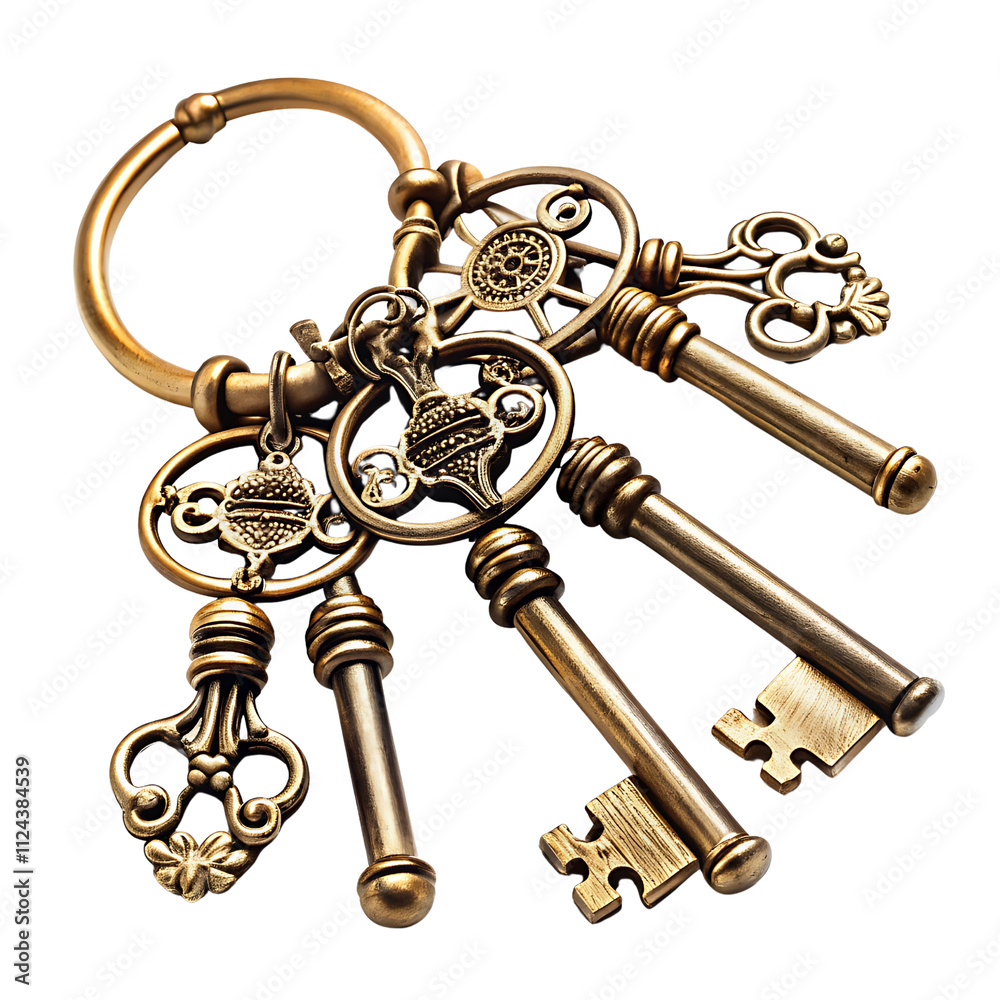 Juego de llaves antiguas, aisladas sobre fondo transparente, colección de llaves antiguas