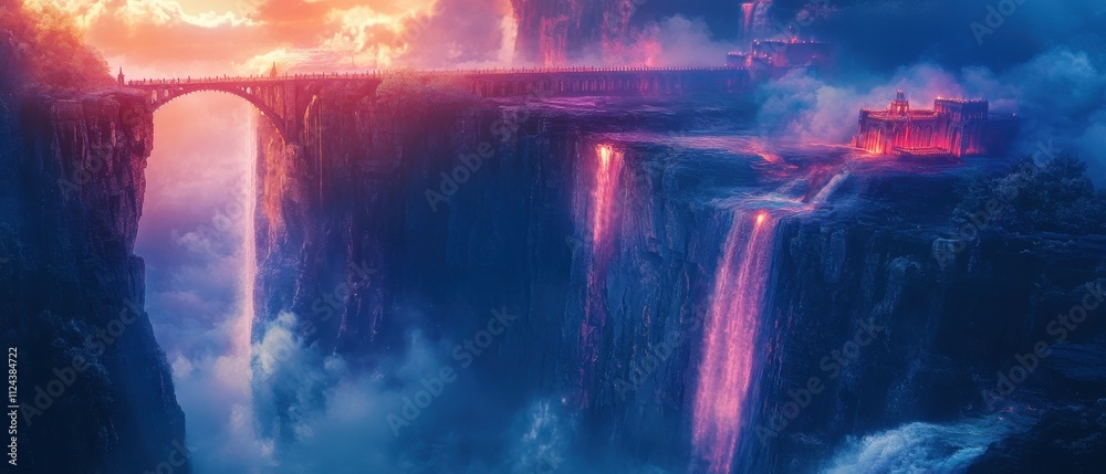 Majestic waterfalls cascade towards a vibrant ancient city under a starry night sky Majestic waterfalls cascade towards a vibrant ancient city under a starry night sky