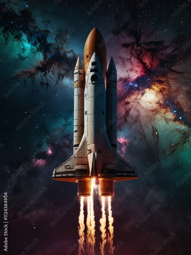 Fototapeta premium Starship Soaring Through Cosmic Nebula: A sleek, futuristic spaceship glides through a mesmerizing nebula.