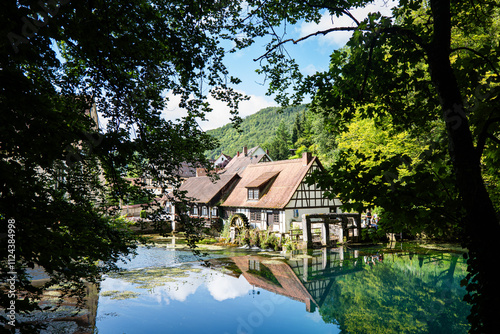 Blautopf in Blaubeuren mit historischer Hammerschmiede, Spiegelung