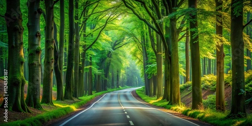 Winding Forest Road - Serene Scenery, Lush Green Trees