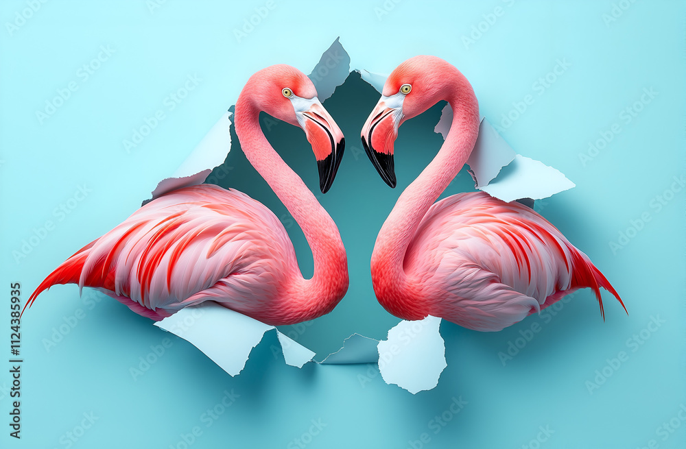 Naklejka premium Valentine's Day card design, featuring two pink flamingos sticking their heads through a hole in ripped paper on a pastel blue background