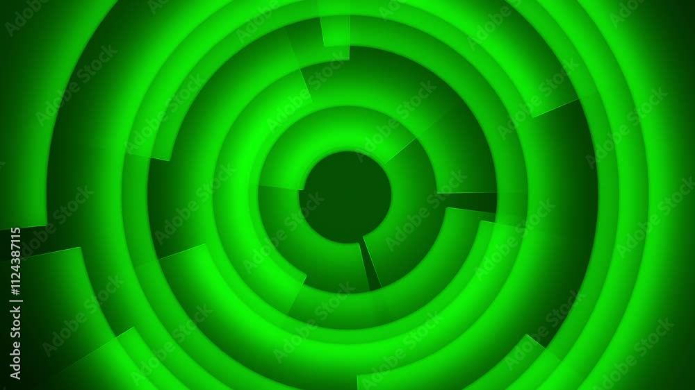Animation loop of green overlapping and stacked rotating circles with outwards glowing gradient lightrays Animation loop of green overlapping and stacked rotating circles with outwards glowing gradient lightrays